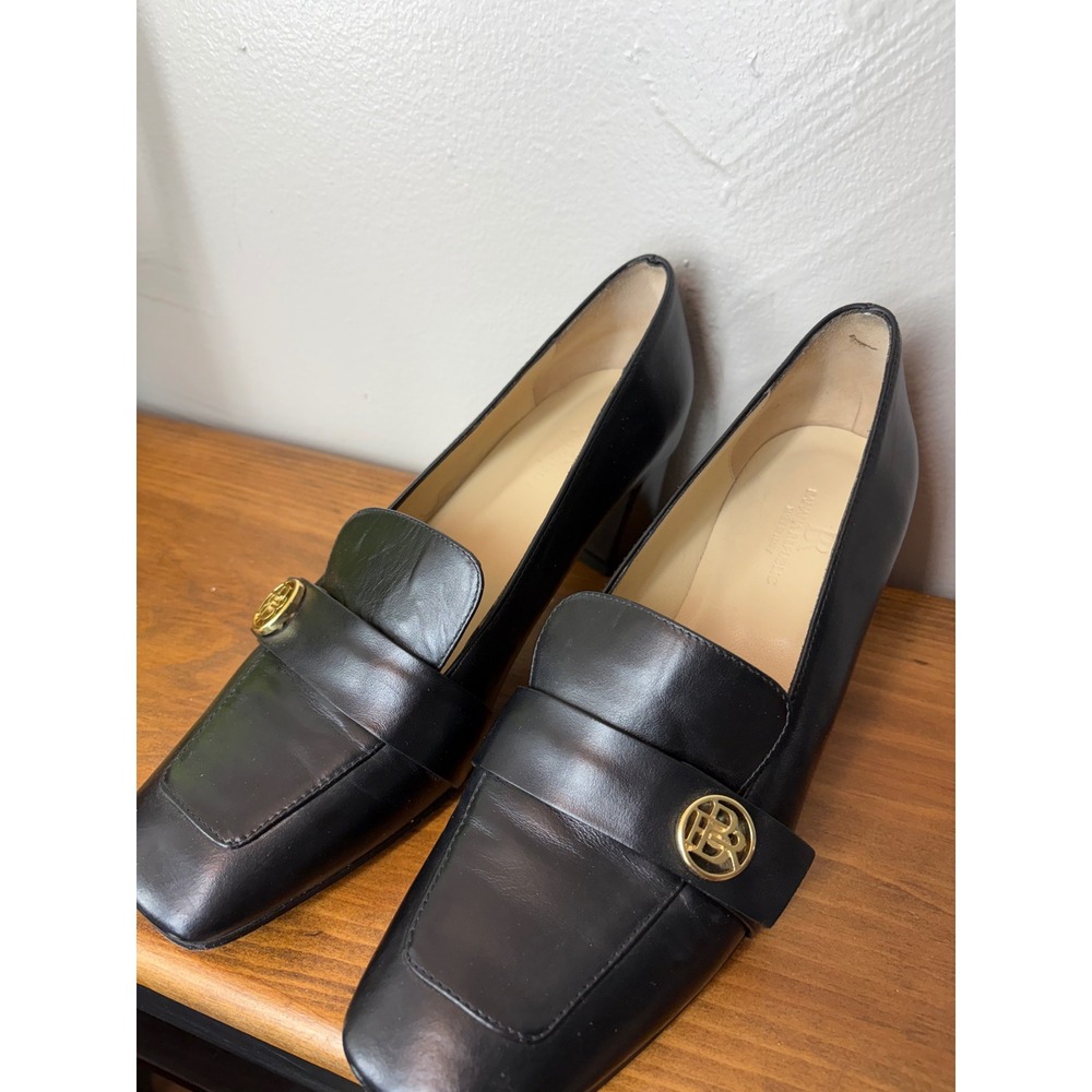 Banana Republic Black Leather Block Heel Loafers Gold Medallion Pumps 9 Italy